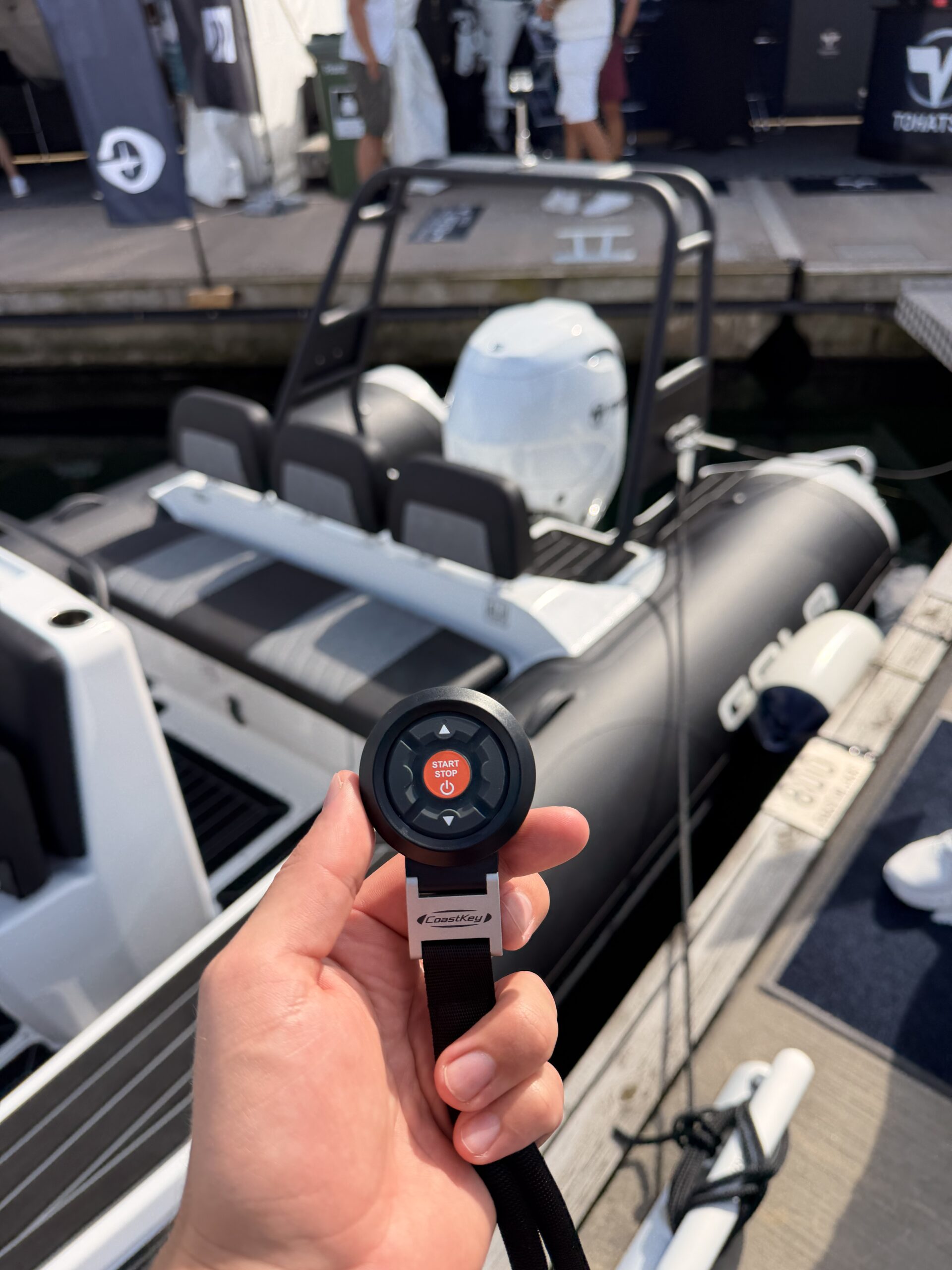 CoastKey Premium on a rib boat from Gala with Tohatsu outboard. For wireless man overboard protection, keyless ignition and remote controlled trim/tilt